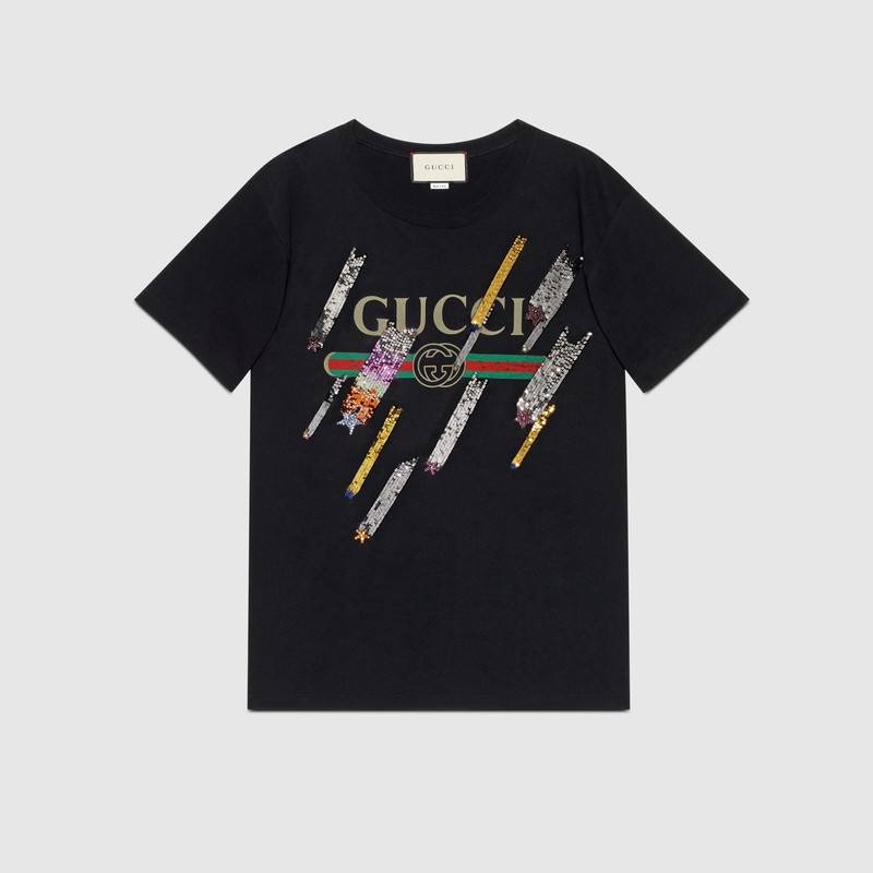 古驰/GUCCI 饰流星和Gucci标识印花超大造型T恤