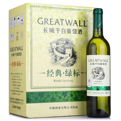  长城（GreatWall）葡萄酒 经典系列绿标霞多丽干白葡萄酒12.5%vol 750ml*6瓶