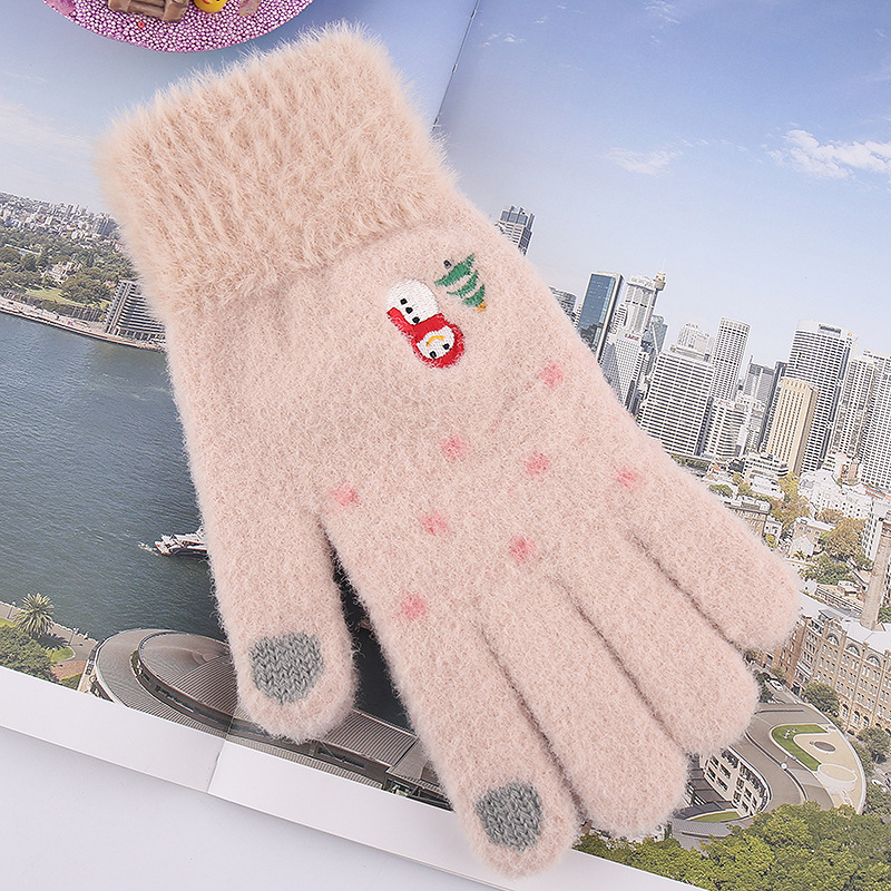 【优品汇】新款针织手套女冬季加厚保暖仿貂毛圣诞毛线触屏手套QD05