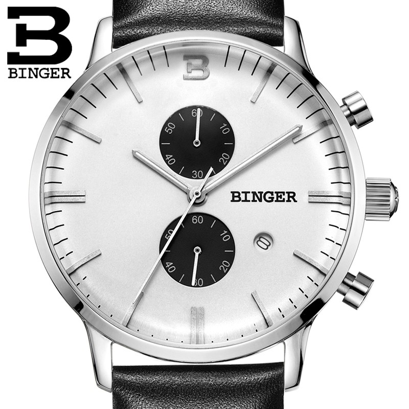 宾格BINGER手表英伦风格男表超薄石英表非机械表黑皮白面