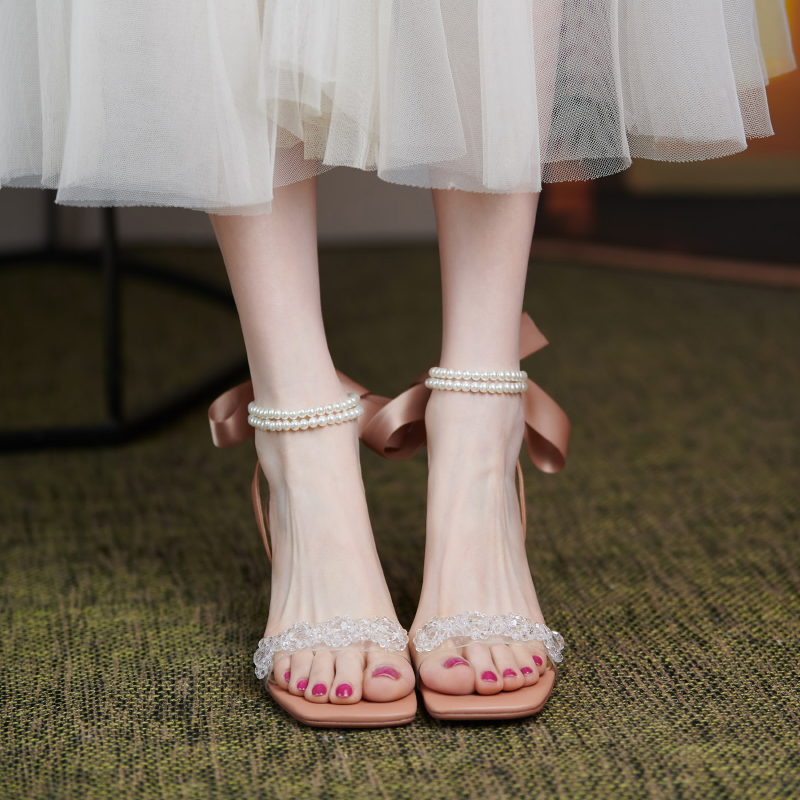 仙女风凉鞋女夏季粗跟一字带法式珍珠设计感水晶果冻鞋透明高跟鞋