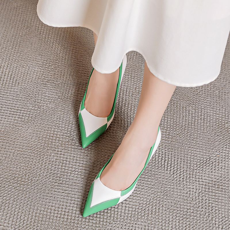 拼色高跟鞋女细跟 春季小众设计感绿色尖头单鞋