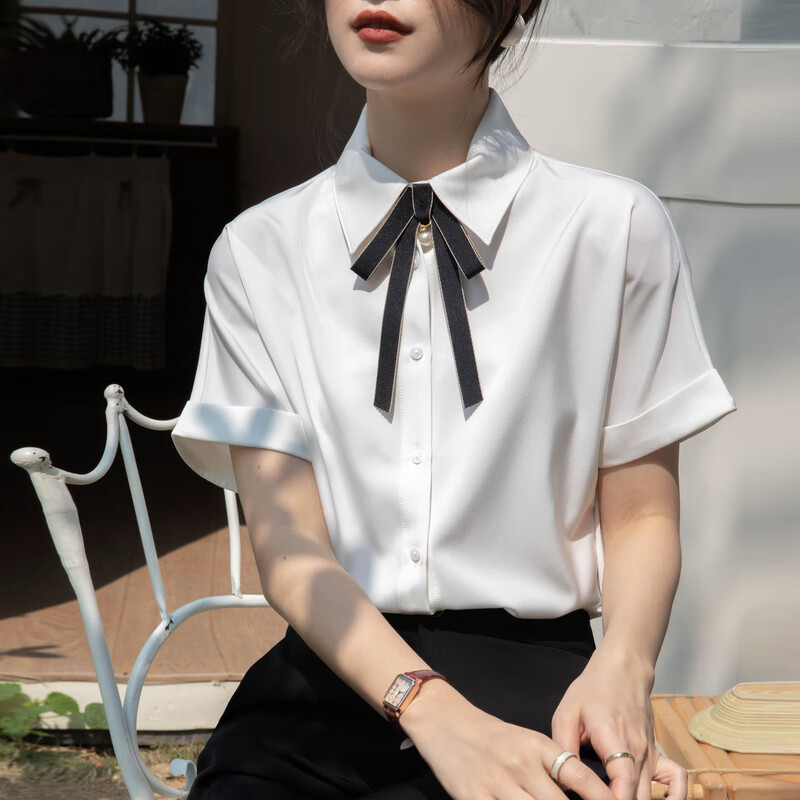 初申夏季短袖衬衫女蝴蝶结垂感职业雪纺衫白衬衣S133C1599
