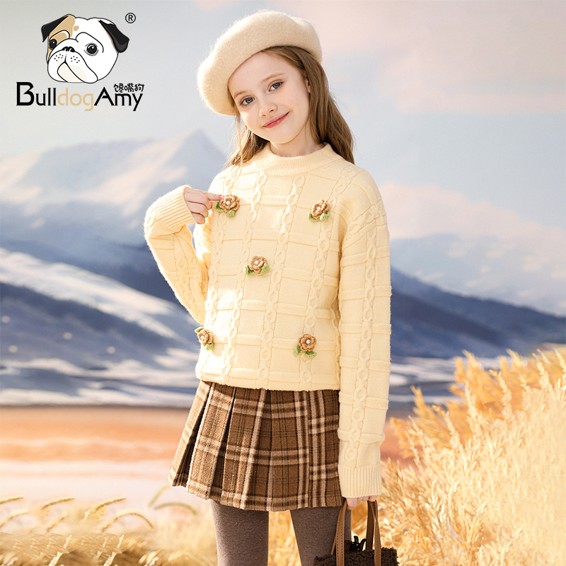女童针织毛衣 秋冬季 洋气儿童韩系圆领上衣中大童宽松衣服