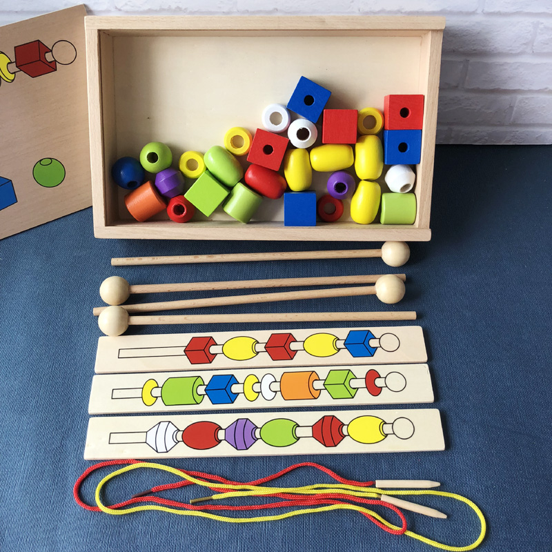 蒙台梭利教具启蒙益智力早教玩具三体六色木制大串珠盒